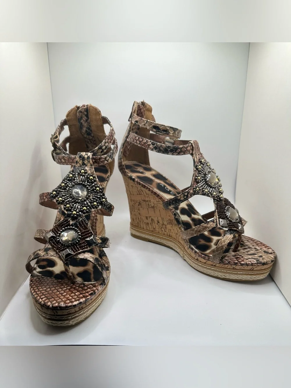 Rampage Brown Snake-Print Cork Wedge Sandals